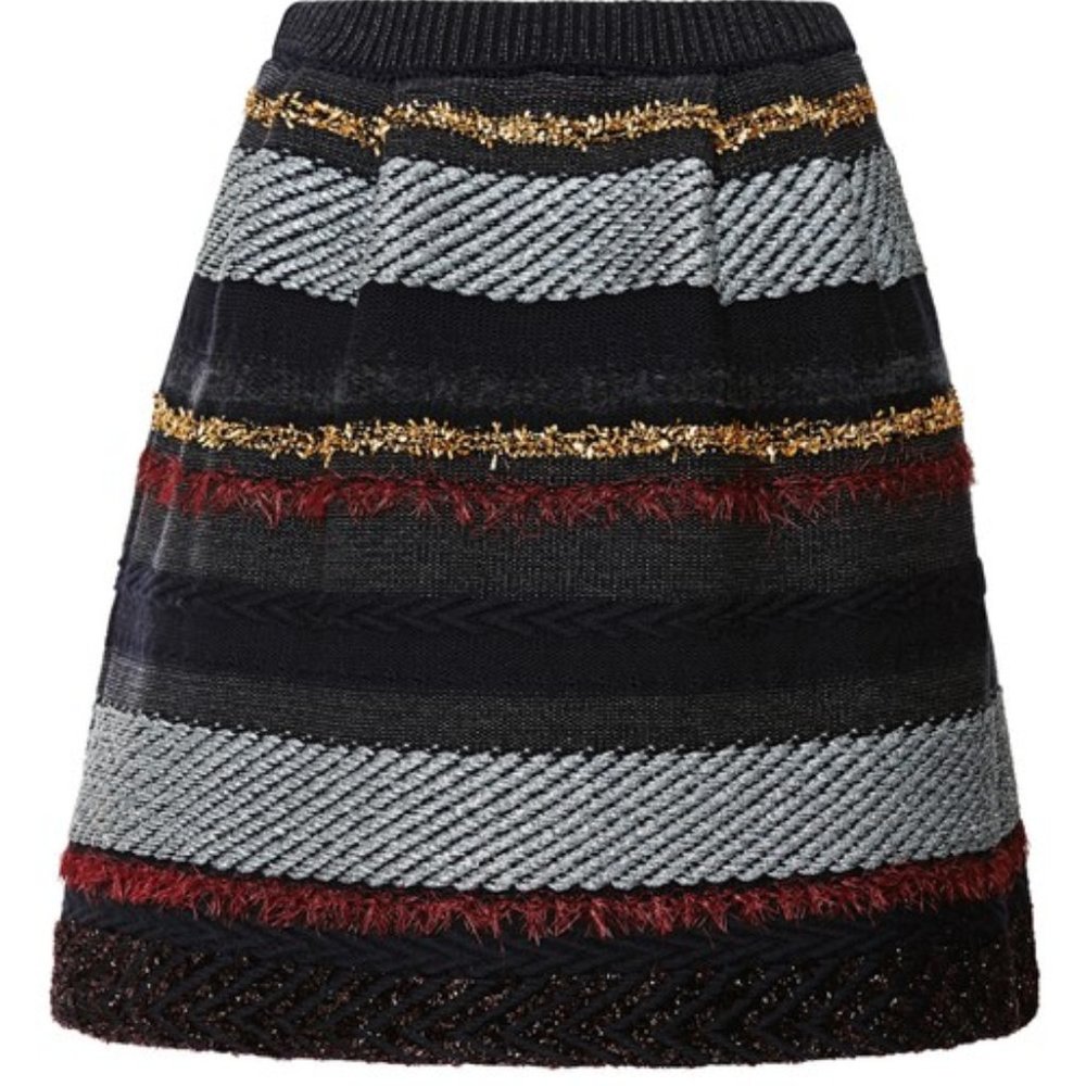✨Tory Burch Wool Stripe Skirt Holiday Winter Fall Fun Party Black Gold Silver